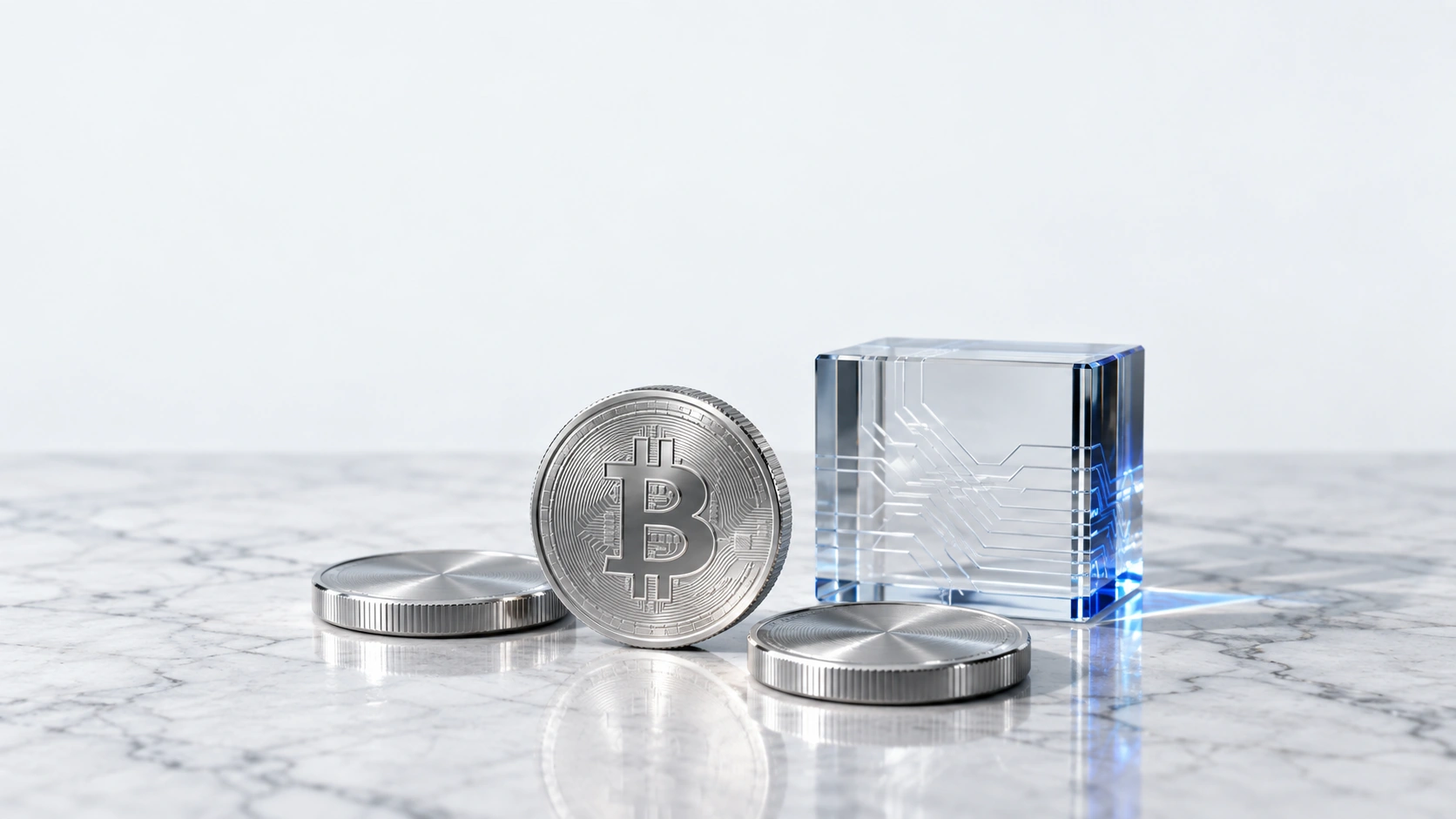Conceptual digital-assets illustration with silver tokens and etched glass, not custody hardware