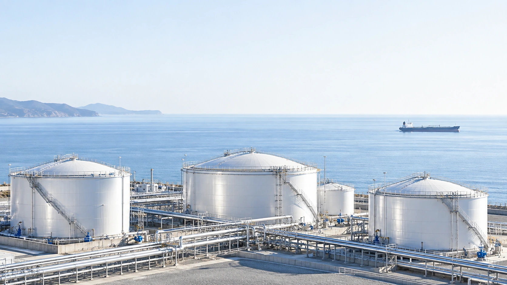 Illustrative coastal petroleum terminal with storage tanks and an offshore tanker